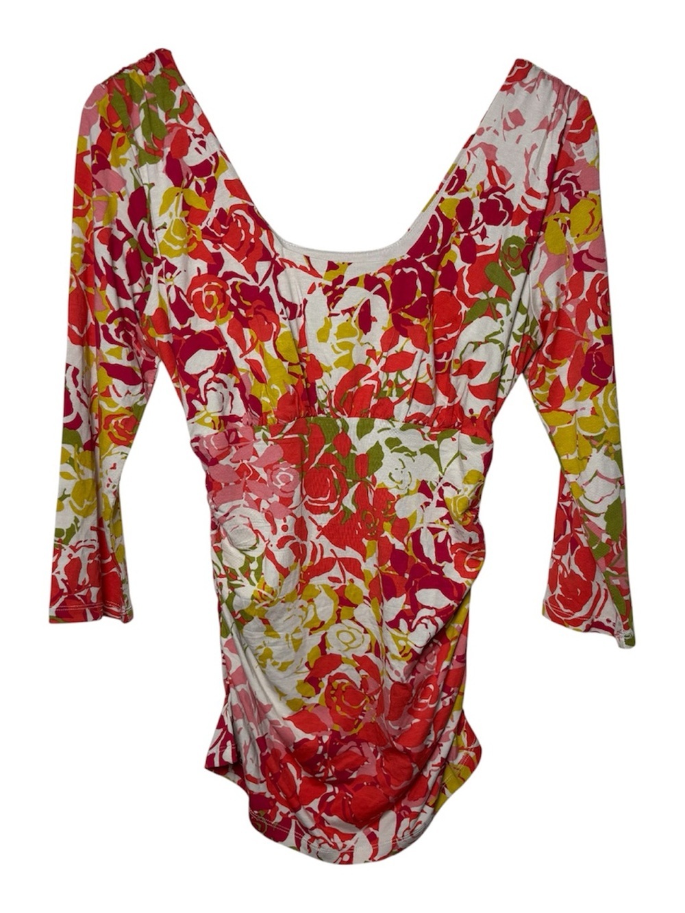CAbi Top Tunic Womens Medium Multicolor Ruched Coquette Pink Red Floral NWOT
